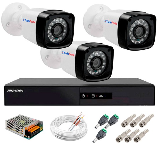 Kit 3 Câmeras + DVR Hikvision + App de Monitoramento, Câmeras Full HD 1080 Lite 25m Infravermelho de Visão Noturna Tudo Forte Completo com Acessórios