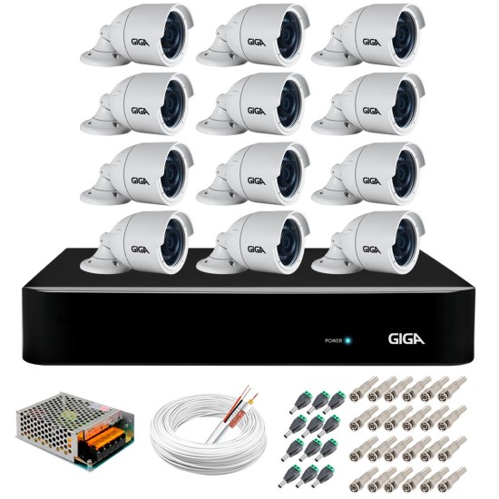 Kit 12 Câmeras 5MP + DVR Giga + App de Monitoramento, Câmeras 30m Infravermelho de Visão Noturna Giga Security GS0047 Completo com Acessórios