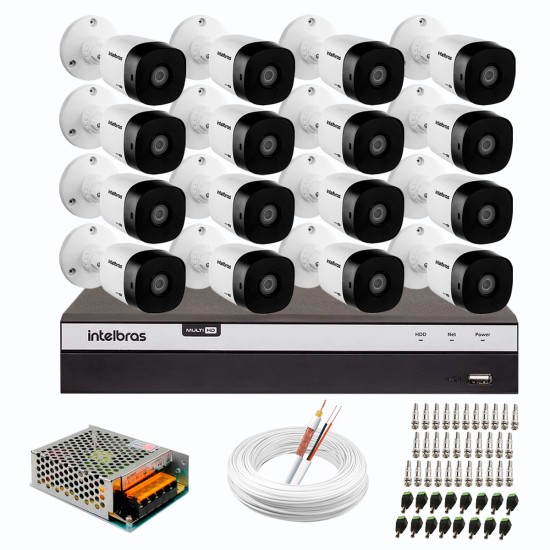 Kit 16 Câmeras de Segurança Full HD Intelbras VHD 1220 B G6 + DVR Intelbras Full HD MHDX 3116 de 16 Canais + Acessórios