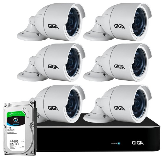 Kit 6 Câmeras Full HD + DVR Giga Security + HD 1TB + App Grátis de Monitoramento, Câmeras GS0273 1080p 30m Infravermelho de Visão Noturna + Fonte, Cabos e Acessórios
