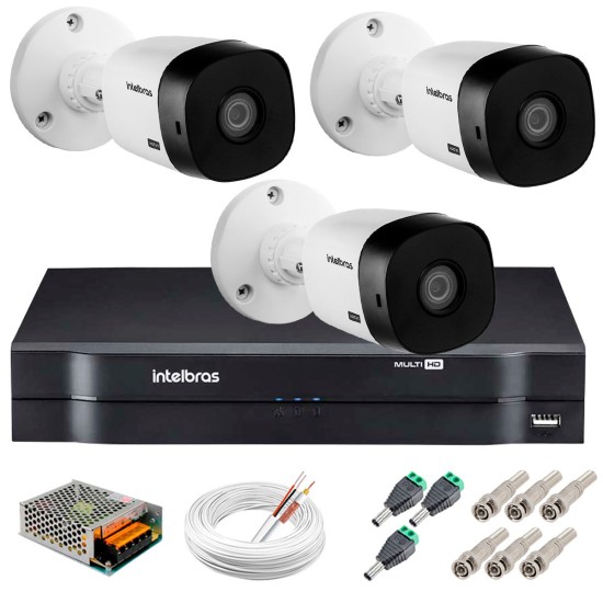 Kit 3 Câmeras Intelbras VHL 1220 B Full HD 1080 Lite + DVR Intelbras - Câmeras com 20m Infravermelho de Visão Noturna + Fonte, Cabos e Acessórios