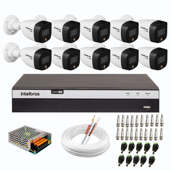 Kit 10 Câmeras de Segurança VHD 1220 B Full Color de Alta Definição Full HD 1080p + DVR Intelbras Full HD MHDX 3108 de 08 Canais + Acessórios