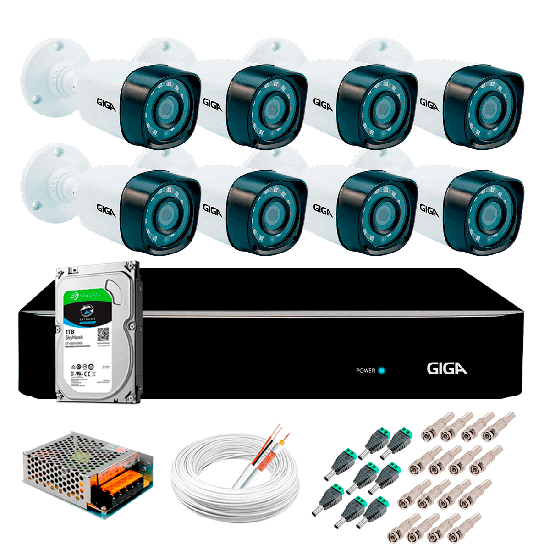 Kit Giga Security 8 Câmeras Full HD 1080p gs0271 + DVR com HD 1TB Seagate + Acessórios