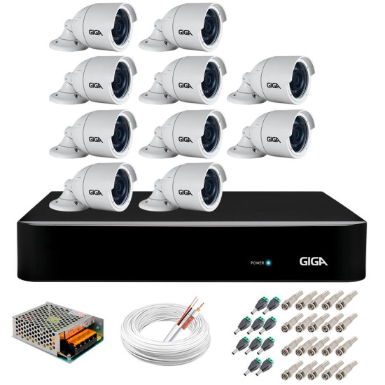 Kit 10 Câmeras 5MP + DVR Giga + App de Monitoramento, Câmeras 30m Infravermelho de Visão Noturna Giga Security GS0047 Completo com Acessórios