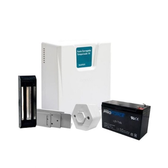 Kit Fechadura Eletromagnética Completo c/ Fonte e Carregador Temporizado, Bateria e Botoeira