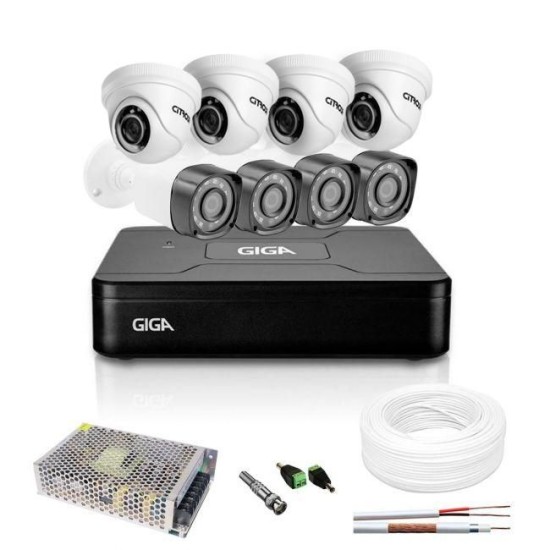 Kit 8 Câmeras de Segurança HD 4 Externas Bullet e 4 Internas Dome Com DVR Giga Security