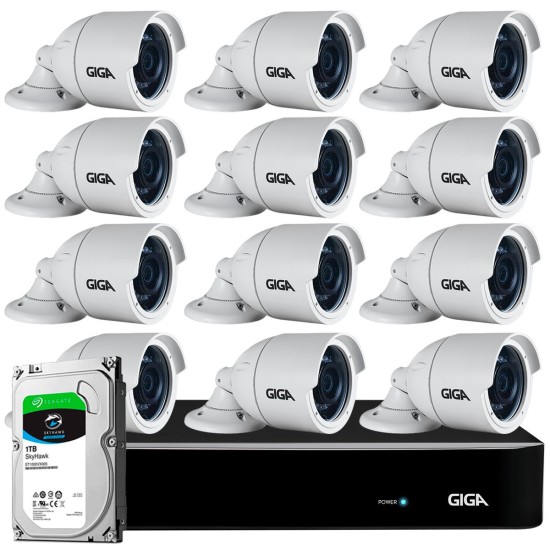 Kit 12 Câmeras Full HD + DVR Giga Security + HD 1TB + App Grátis de Monitoramento, Câmeras GS0273 1080p 30m Infravermelho de Visão Noturna + Fonte, Cabos e Acessórios