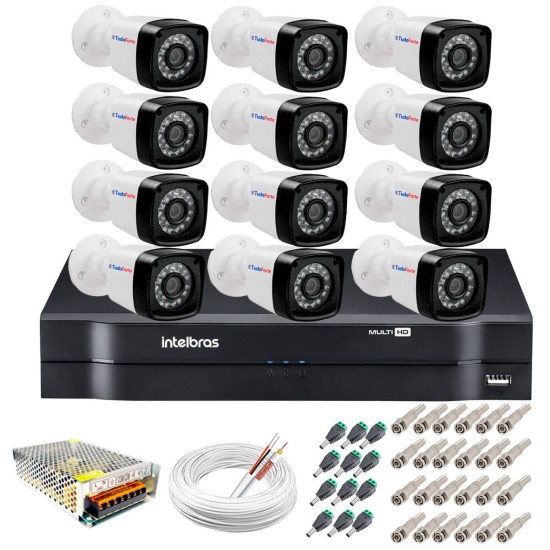 Kit 12 Câmeras + DVR Intelbras + App Grátis de Monitoramento, Câmeras HD 720p 20m Infravermelho de Visão Noturna + Fonte, Cabos e Acessórios