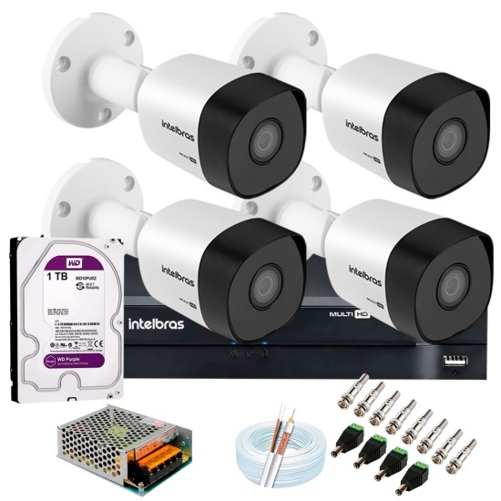 Kit 4 Câmeras VHD 3120 B G6 + DVR Intelbras + HD 1TB para Armazenamento + App Grátis de Monitoramento, Câmeras HD 720p 20m Infravermelho de Visão Noturna Intelbras + Fonte, Cabos e Acessórios