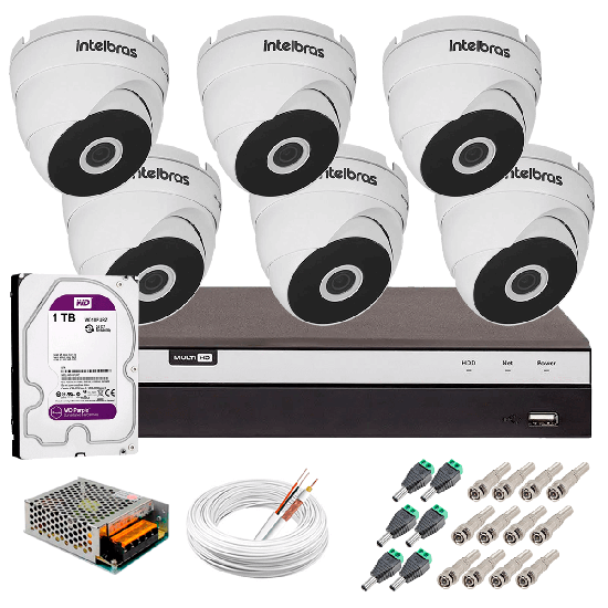 Kit 6 Câmeras VHD 3220 D G5 + DVRIntelbras + HD 1TB para Armazenamento + App Grátis de Monitoramento, Câmeras Full HD 1080p 20m Infravermelho de Visão Noturna Intelbras + Fonte, Cabos e Acessórios