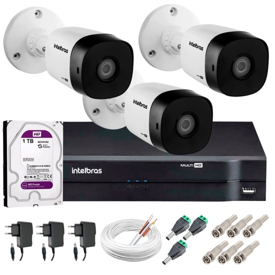 Kit 3 Câmeras VHD 1010 B G5 + DVR Intelbras + HD 1TB para Armazenamento + App Grátis de Monitoramento, Câmeras HD 720p 10m Infravermelho de Visão Noturna Intelbras + Fonte, Cabos e Acessórios