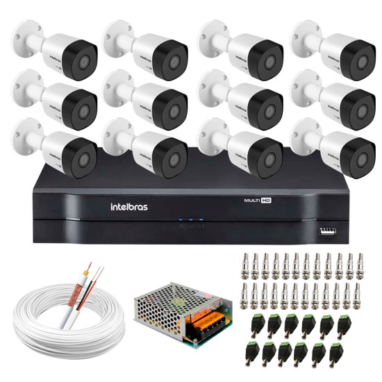 Kit 12 Câmeras VHD 3130 B G6 + DVR Intelbras + App Grátis de Monitoramento, Câmeras HD 720p 30m Infravermelho de Visão Noturna Intelbras + Fonte, Cabos e Acessórios