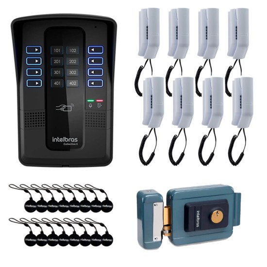 Kit Porteiro Eletrônico Coletivo de 8 Pontos - Central Collective 8 Intelbras + Interfone Interno 8 Unidades + Cartão de Proximidade 16 Unidades + Fechadura Elétrica
