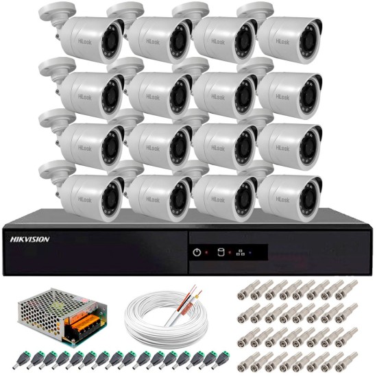 Kit 16 Câmeras + DVR Hikvision + Fonte, Cabos e Acessórios - Câmeras Hilook THC B120C-P Full HD 1080 Lite 20m Infra e Visão Noturna