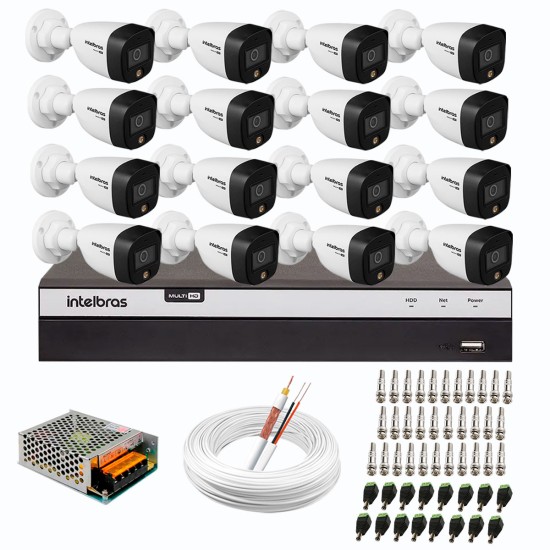 Kit 16 Câmeras de Segurança VHD 1220 B Full Color de Alta Definição Full HD 1080p + DVR Intelbras Full HD MHDX 3116 de 16 Canais + Acessórios