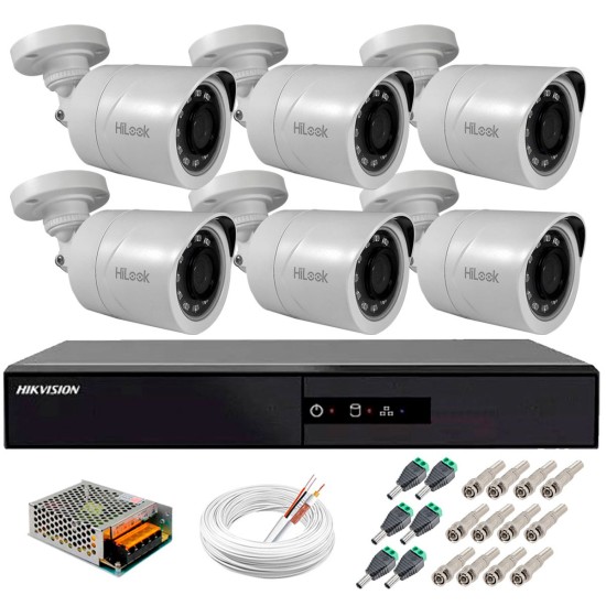 Kit 6 Câmeras + DVR Hikvision + Fonte, Cabos e Acessórios - Câmeras Hilook THC B120C-P Full HD 1080 Lite 20m Infra e Visão Noturna