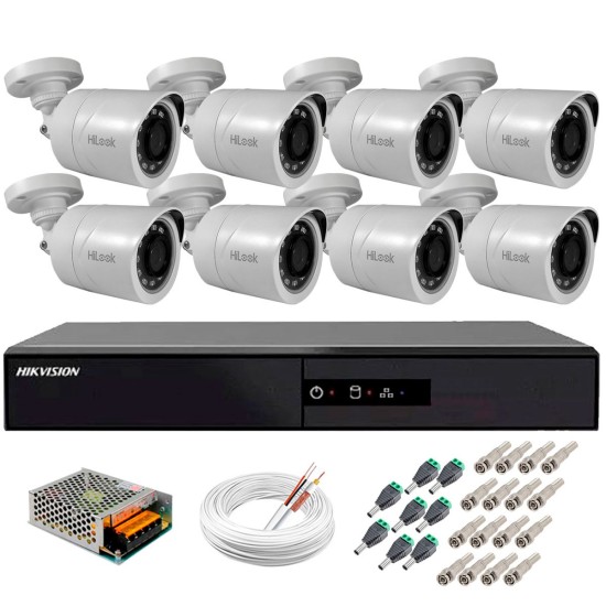 Kit 8 Câmeras + DVR Hikvision + Fonte, Cabos e Acessórios - Câmeras Hilook THC B120C-P Full HD 1080 Lite 20m Infra e Visão Noturna
