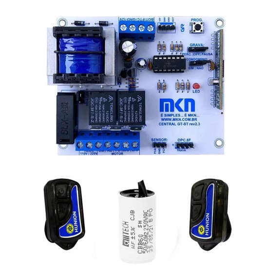 PLACA CENTRAL MKN MOTOR PORTÃO GATTER PECCININ + 2 CONTROLES + CAPACITOR