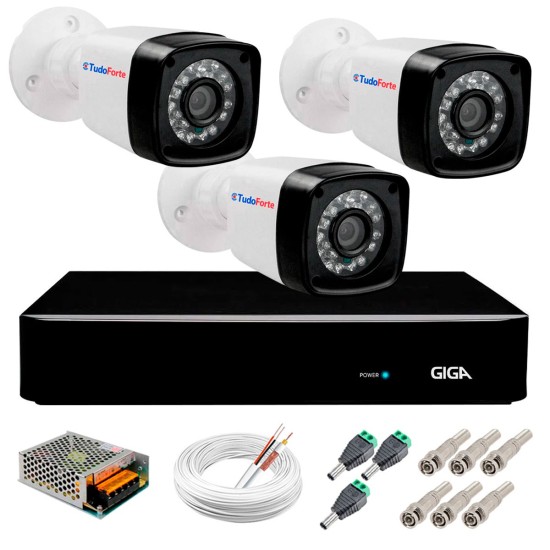 Kit 03 Câmeras Full HD 1080p + DVR Giga Security + App Grátis de Monitoramento, Câmeras 20m Infravermelho de Visão Noturna + Fonte, Cabos e Acessórios