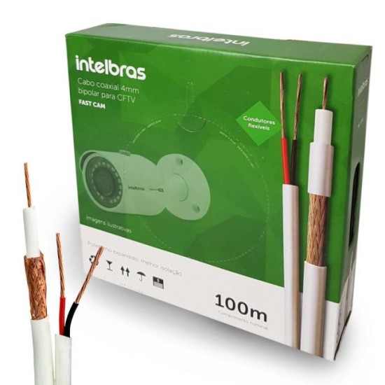 Cabo Coaxial Bipolar Blindado Intelbras FC67CBR Fast Cam + Bipolar 2x26 AWG Para CFTV - 100m