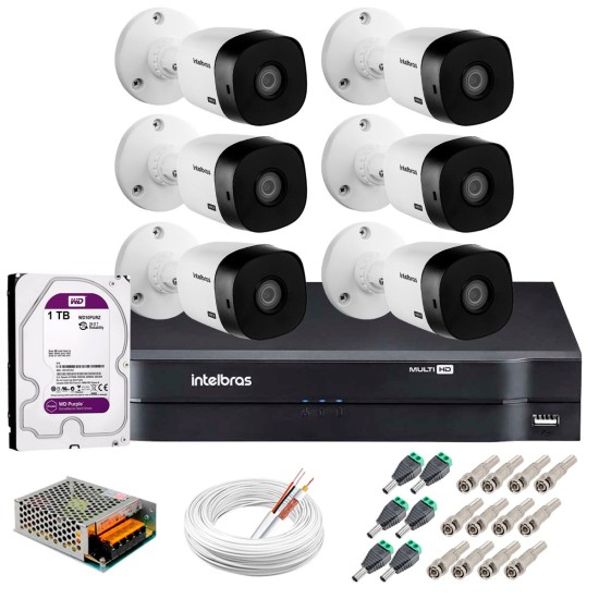 Kit 6 Câmeras Intelbras VHL 1220 B Full HD 1080 Lite + DVR Intelbras + Acessórios Completo - Câmeras com 20m Infravermelho de Visão Noturna