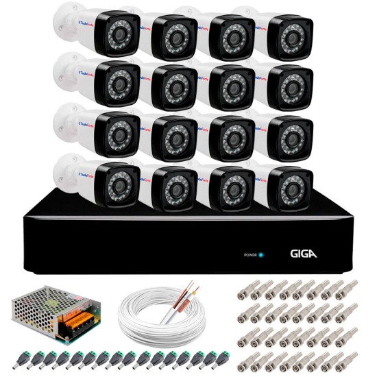 Kit 16 câmeras full hd 1080p 2mp + dvr giga security + app grátis de monitoramento, câmeras 20m infravermelho de visão noturna + fonte, cabos e acessórios