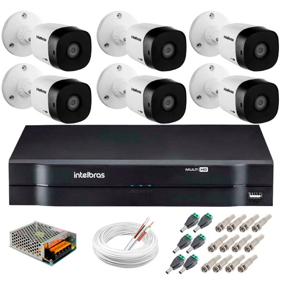 Kit 6 Câmeras VHD 1120 B G5 + DVR Intelbras + App Grátis de Monitoramento, Câmeras HD 720p 20m Infravermelho de Visão Noturna Intelbras + Fonte, Cabos e Acessórios