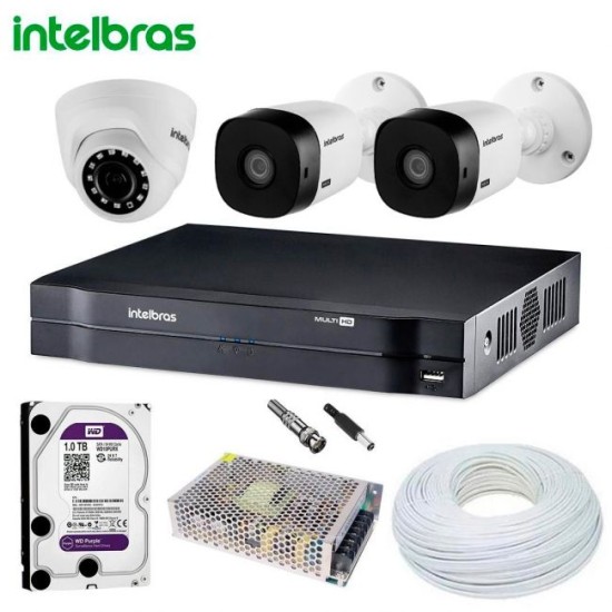 Kit De Câmeras Intelbras Com 2 Bullet Externas e 1 Dome Interna DVR Híbrido MHDX 1104