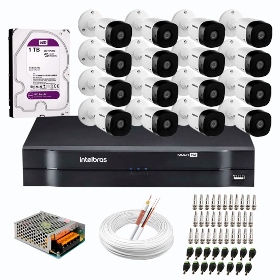 Kit 16 Câmeras Intelbras VHD 1220 B Full HD 1080 Lite + DVR Intelbras - Câmeras com 20m Infravermelho de Visão Noturna + Fonte, Cabos e Acessórios