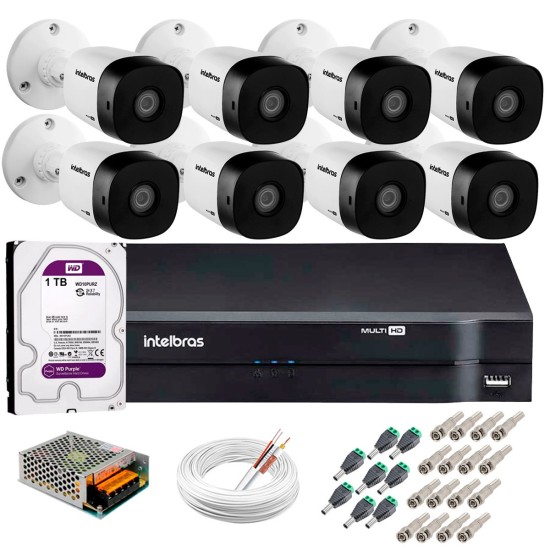 Kit 8 Câmeras VHD 1010 B G5 + DVR Intelbras + HD 1TB para Armazenamento + App Grátis de Monitoramento, Câmeras HD 720p 10m Infravermelho de Visão Noturna Intelbras + Fonte, Cabos e Acessórios