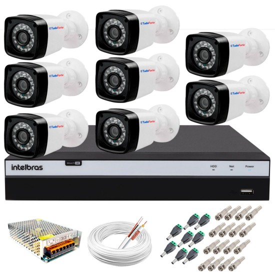Kit 8 Câmeras + DVR Intelbras + App Grátis de Monitoramento, Câmeras Full HD 1080p 20m Infravermelho de Visão Noturna + Fonte, Cabos e Acessórios 10728