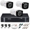 Kit 3 Câmeras + DVR Intelbras + App Grátis de Monitoramento, Câmeras HD 720p 20m Infravermelho de Visão Noturna + Fonte, Cabos e Acessórios