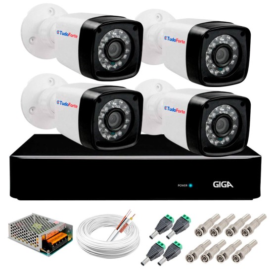 Kit 04 Câmeras Full HD 1080p + DVR Giga Security + App Grátis de Monitoramento, Câmeras 20m Infravermelho de Visão Noturna + Fonte, Cabos e Acessórios