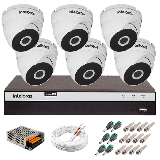 Kit 6 Câmeras VHD 3220 D G5 + DVR Intelbras + App Grátis de Monitoramento, Câmeras Full HD 1080p 20m Infravermelho de Visão Noturna Intelbras + Fonte, Cabos e Acessórios