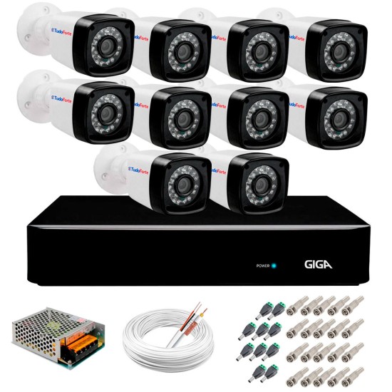 Kit 10 Câmeras Full HD 1080p + DVR Giga Security + App Grátis de Monitoramento, Câmeras 20m Infravermelho de Visão Noturna + Fonte, Cabos e Acessórios
