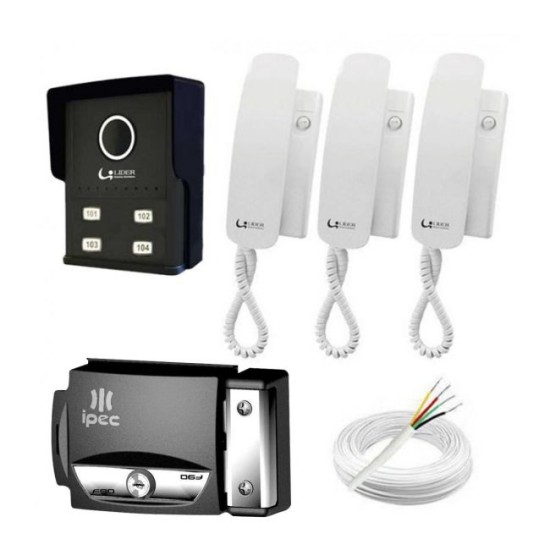 Kit Porteiro Eletrônico Completo 4 Pontos Lider + 3 Monofones + Fechadura + Cabo + Fonte 28455