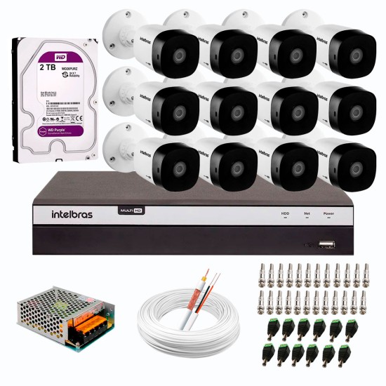Kit 12 Câmeras de Segurança Full HD Intelbras VHD 1220 B G6 + DVR Intelbras 16 Canais Full HD MHDX 3116 + HD WD Purple 2TB + Acessórios