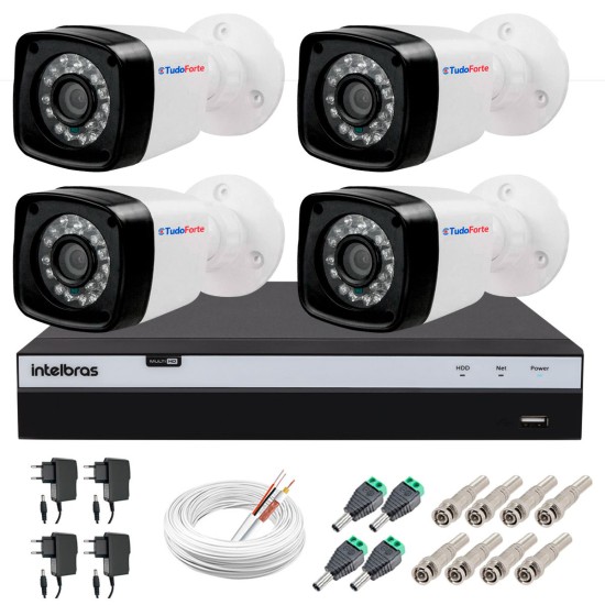 Kit 4 Câmeras + DVR Intelbras + App Grátis de Monitoramento, Câmeras Full HD 1080p 20m Infravermelho de Visão Noturna + Fonte, Cabos e Acessórios 10724