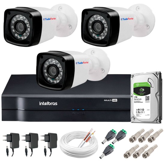 Kit 3 Câmeras + DVR Intelbras + HD 1 TB + App de Monitoramento, Câmeras HD 720p 20m Infravermelho de Visão Noturna + Fonte, Cabos e Acessórios