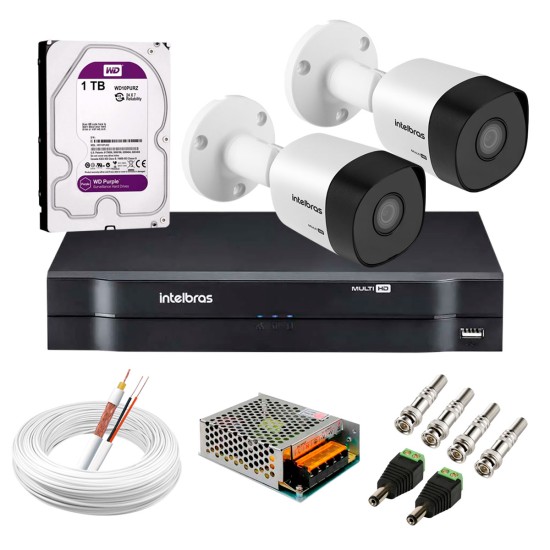 Kit 2 Câmeras VHD 3130 B G6 + DVR Intelbras + HD 1TB para Armazenamento + App Grátis de Monitoramento, Câmeras HD 720p 30m Infravermelho de Visão Noturna Intelbras + Fonte, Cabos e Acessórios