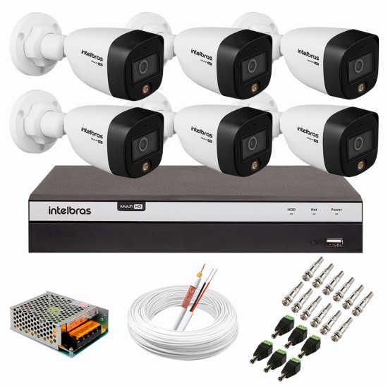 Kit 6 Câmeras de Segurança VHD 1220 B Full Color de Alta Definição Full HD 1080p + DVR Intelbras Full HD MHDX 3108 de 08 Canais + Acessórios