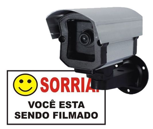 Câmera Falsa Alumínio Anodizado c/ LED + Placa "Sorria"
