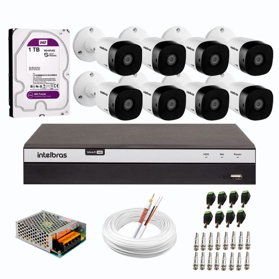 Kit 8 Câmeras de Segurança Full HD Intelbras VHD 1220 B G6 + DVR Intelbras 08 Canais Full HD MHDX 3108 + HD WD Purple 1TB + Acessórios