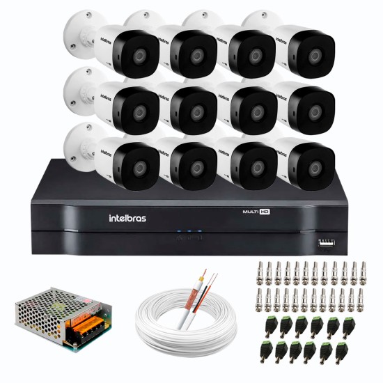 Kit 12 Câmeras de Segurança Full HD 1080p VHD 1220 B G6 + DVR Intelbras MHDX 1116 de 16 Canais 1080p Lite + Acessórios 11382