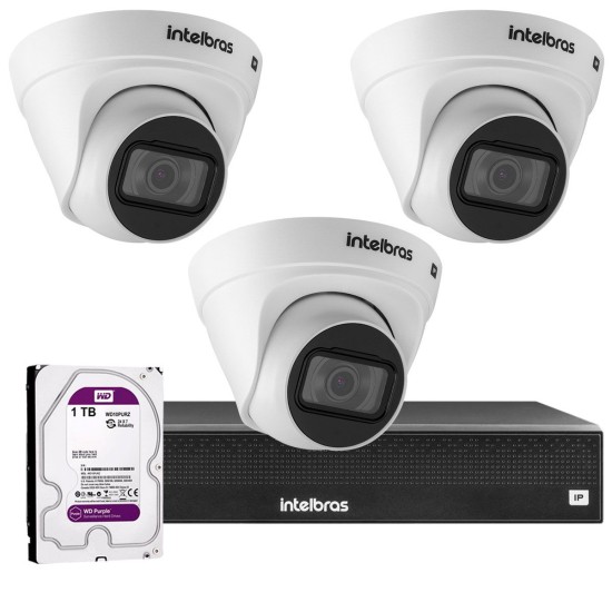 Kit 3 Câmeras VIP 1020 D G2 + NVR Intelbras + HD 1TB para Armazenamento + App Grátis de Monitoramento, Câmeras HD 720p 20m Infravermelho de Visão Noturna Intelbras