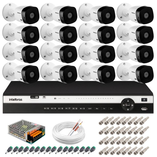 Kit 16 Câmeras 2K VHD 1420B + DVR Intelbras + App Grátis de Monitoramento, Câmeras 20m Infravermelho de Visão Noturna + Fonte, Cabos e Acessórios