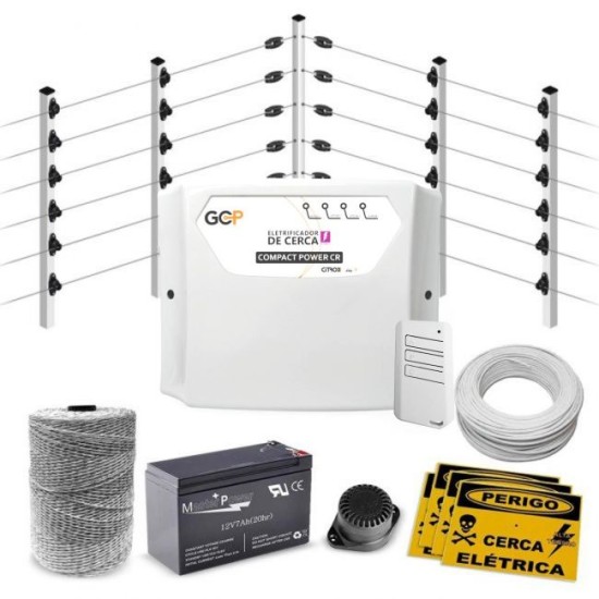 Kit Cerca Elétrica Industrial C/ Big Hastes de 1 Metro e Central de Choque Power CR GCP Completo - 200 Metros de Muro