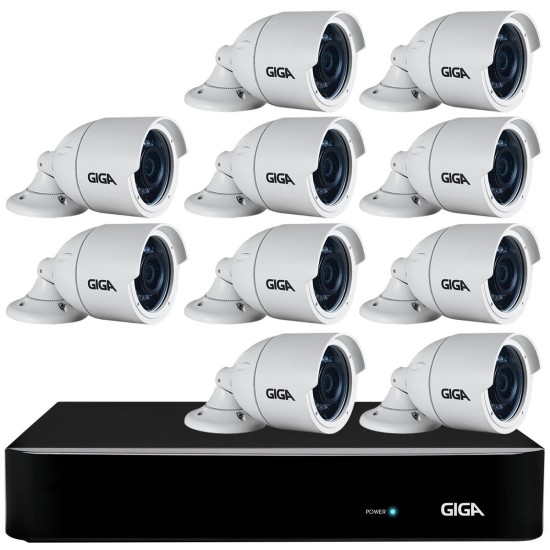 Kit 10 Câmeras Full HD + DVR Giga Security + App Grátis de Monitoramento, Câmeras GS0273 1080p 30m Infravermelho de Visão Noturna + Fonte, Cabos e Acessórios