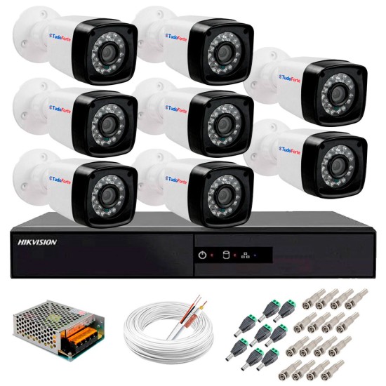 Kit 8 Câmeras + DVR Hikvision + App de Monitoramento, Câmeras Full HD 1080 Lite 25m Infravermelho de Visão Noturna Tudo Forte Completo com Acessórios