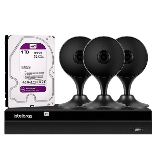 Kit 2 Câmeras Segurança Wifi Full HD iM3 Intelbras Preta + NVR 04 Canais 6MP NVD 1304 Intelbras + 1 HD WD Purple 1TB